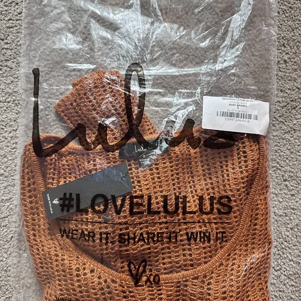 Lulus Weekend Layers Rust Brown Loose Crochet Knit Sweater Top Size S - Picture 7 of 7
